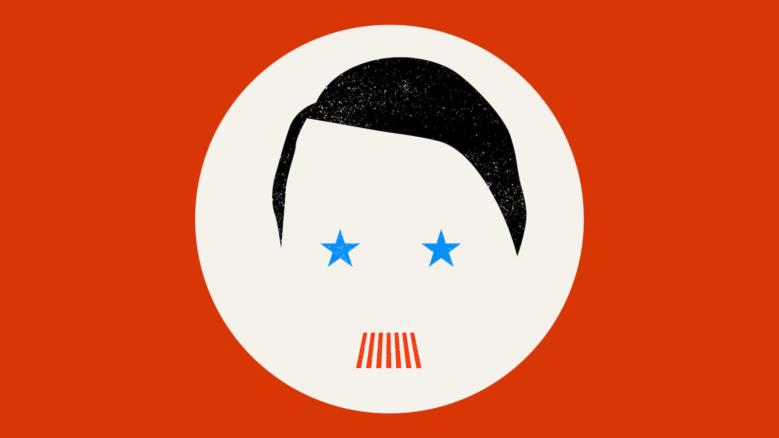 Illustration of Adolf Hitler with blue stars as eyes and red and white stripe mustache