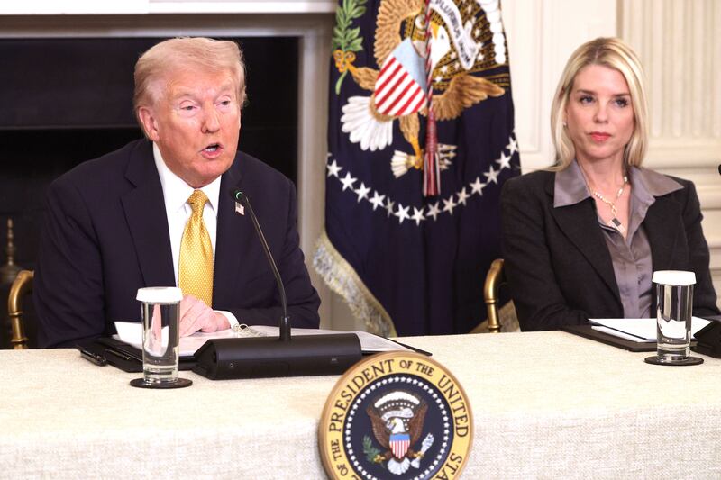 U.S. President Donald Trump, joined by Attorney General Pam Bondi