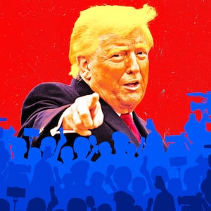 A photo illustration of Donald Trump pointing at crowds of journalists and reporters.