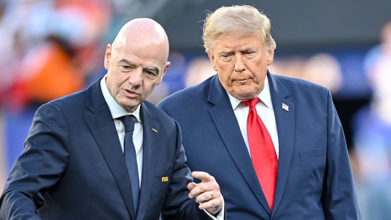 FIFA president Gianni Infantino and president Donald Trump after the FIFA World Cup 2026 Final match between Spain and Argentina at New York New Jersey Stadium.