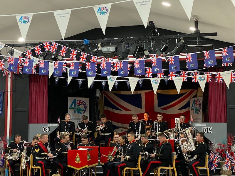 15 June 2022, Great Britain, Stanley: A British military band plays in the town hall Photo: Benedikt von Imhoff/dpa (Photo by Benedikt von Imhoff/picture alliance via Getty Images)