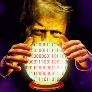 An animated GIF of Donald Trump, a crystal ball with computer code.