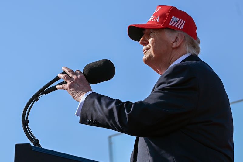 President Donald Trump gets ready to speak to a crowd at the Port of Corpus Christi near oil tanks on February 27, 2026 in Corpus Christi, Texas.