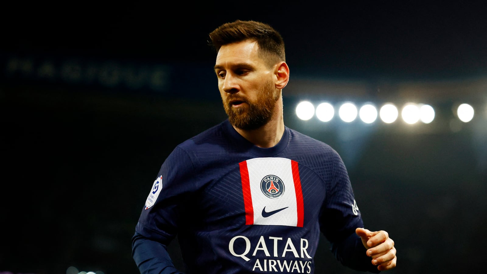Paris St Germain's Lionel Messi during match vs. Olympique Lyonnais
