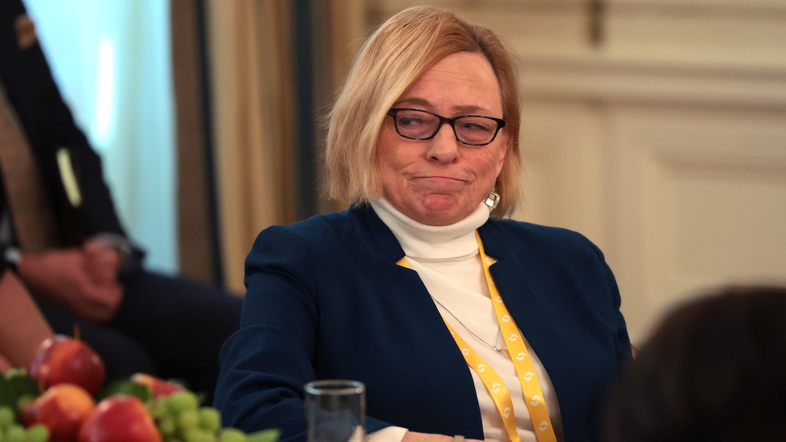 WASHINGTON, DC - FEBRUARY 21: Gov. Janet Mills (D-ME) challenges U.S. President Donald Trump over trans women in sports as Trump addresses a meeting of governors at the White House on February 21, 2025 in Washington, DC.