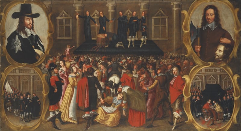 The inset pictures on the left show Charles as he appeared at his trial, and below, Charles walking to the scaffold. Those on the right show the moments immediately after the execution: the axeman holds up Charles's severed head while spectators hurry to dip their handkerchiefs in royal blood. The central image, with the swooning woman, hints at a parallel with Christ's crucifixion.