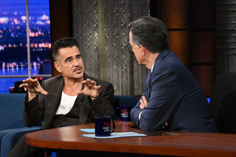 The Late Show with Stephen Colbert and guest Colin Farrell during Tuesday’s October 28, 2025 show. Photo: Scott Kowalchyk ©2025 CBS Broadcasting Inc. All Rights Reserved.