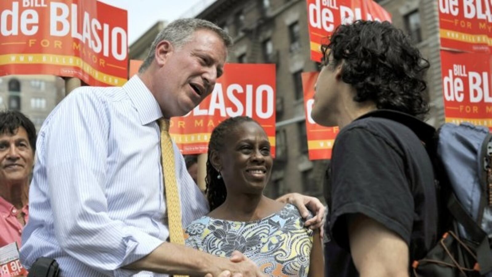Bill de Blasio greets voters on the Upper West Side along with his wife, Chirlane McCray, on September 10.