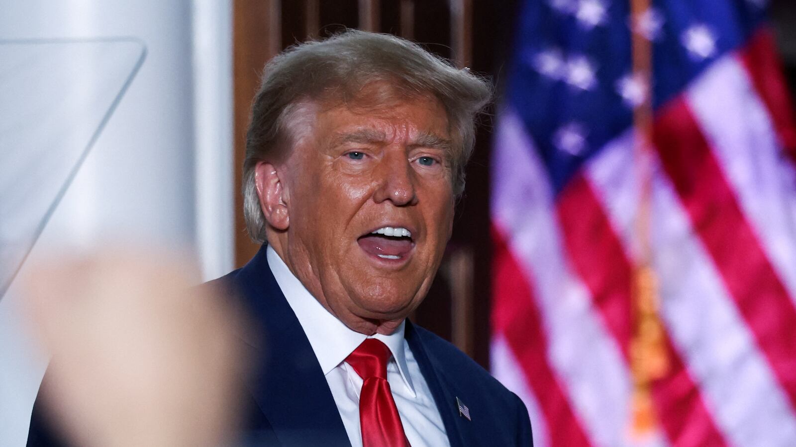 Former U.S. President Donald Trump reacts during an event following his arraignment on classified document charges, at Trump National Golf Club, in Bedminster, New Jersey, U.S., June 13, 2023.