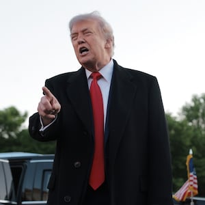 President Donald Trump speaks to reporters as he inspects the painting of the Lincoln Memorial Reflecting Pool basin on May 07, 2026 in Washington, DC.