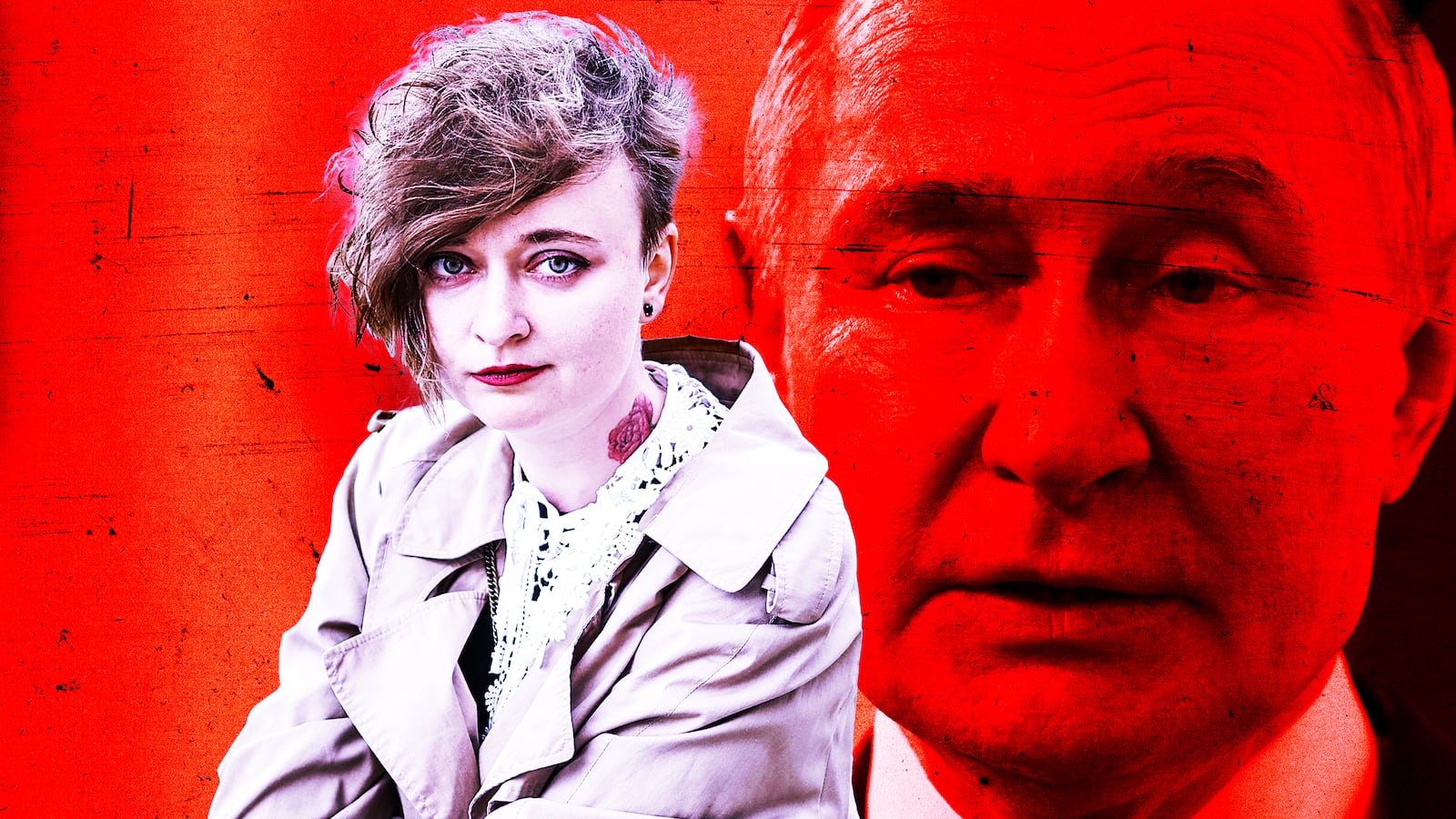 A photo illustration of Daria Serenko and Vladimir Putin.