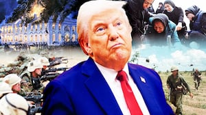 A photo illustration of Donald Trump and images from the Iran White, War of 1812, Iraq War, and Vietnam War.