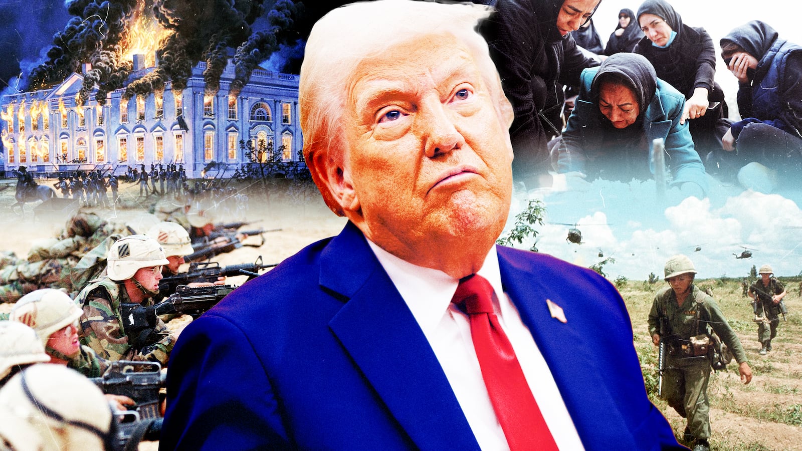 A photo illustration of Donald Trump and images from the Iran White, War of 1812, Iraq War, and Vietnam War.