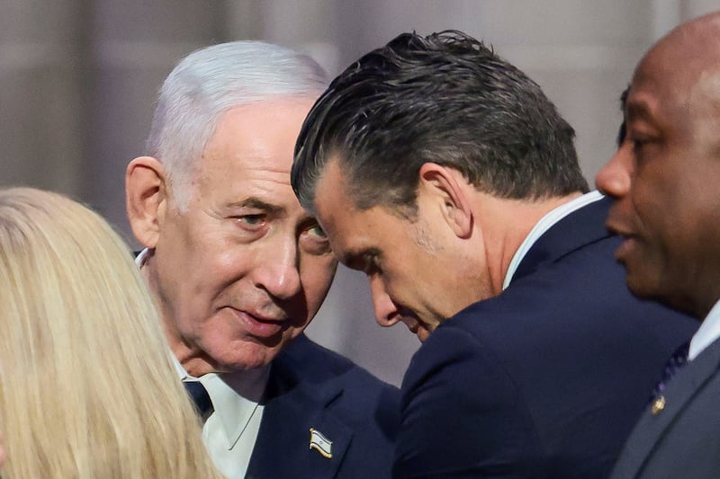 Israeli Prime Minister Benjamin Netanyahu and U.S. Defense Secretary Pete Hegseth on the day of the funeral service for late U.S. Senator Lindsey Graham (R-SC) at Washington National Cathedral in Washington, D.C., U.S., July 28, 2026. REUTERS/Evelyn Hockstein       TPX IMAGES OF THE DAY