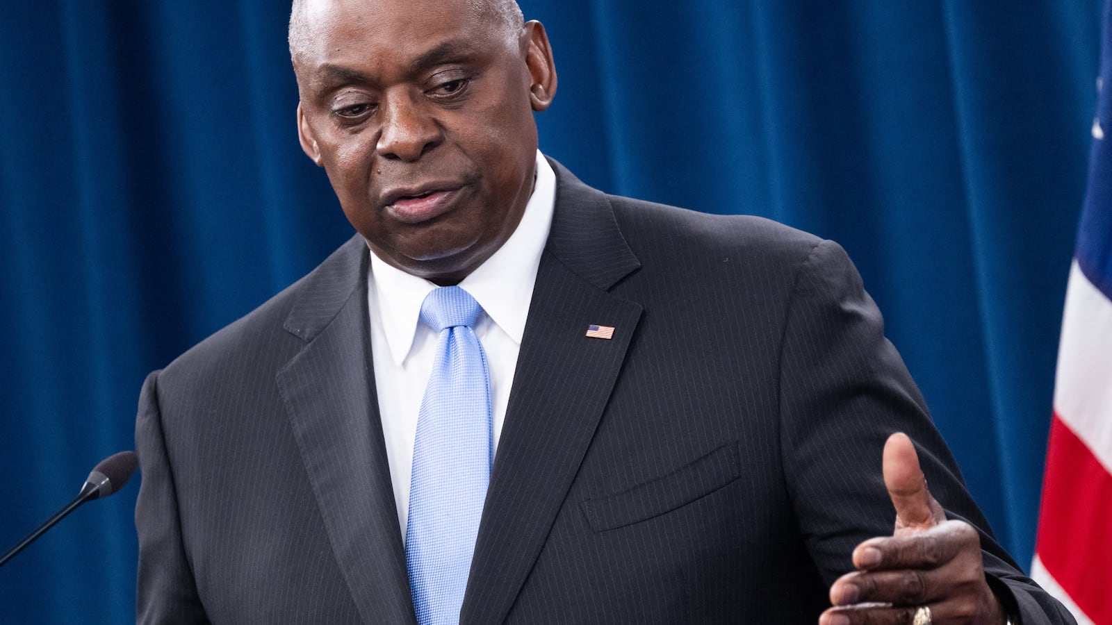 US Secretary of Defense Lloyd Austin speaks during a press briefing at the Pentagon in Washington, DC, on July 25, 2024.