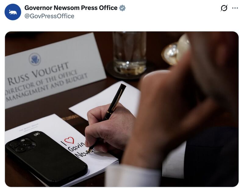 Gavin Newsom's Press Office mocks Russ Vought's cabinet doodle.