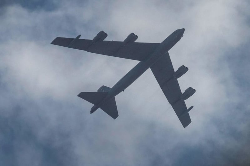 A US Air Force's B-52 bomber flies over Skopje, on August 22, 2022. - Two US B-52 bombers, currently stationed at Fairford Air Force Base in the United Kingdom, are making low-flying flights over southeastern Europe to demonstrate the US commitment to the security of NATO allies located in the southeast of Europe, according to a press release. The bombers will fly over the government building in Skopje, Skanderbeg square in Tirana, the coast of Montenegro and Dubrovnik. (Photo by Robert ATANASOVSKI / AFP) (Photo by ROBERT ATANASOVSKI/AFP via Getty Images)