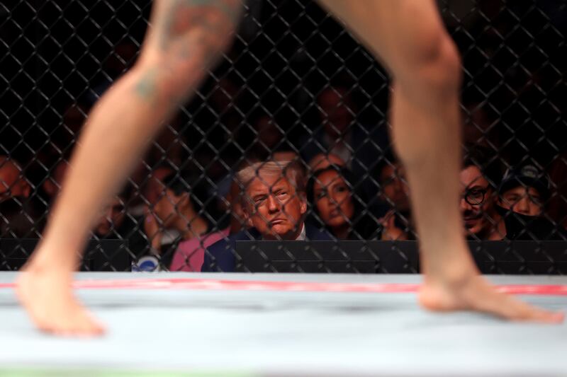 NEWARK, NEW JERSEY - JUNE 07: President Donald Trump attends UFC 316 at the Prudential Center on June 07, 2025 in Newark, New Jersey.  (Photo by Elsa/Getty Images)