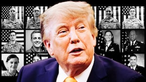 A photo composite of Donald Trump and US service members killed during the Iran war.