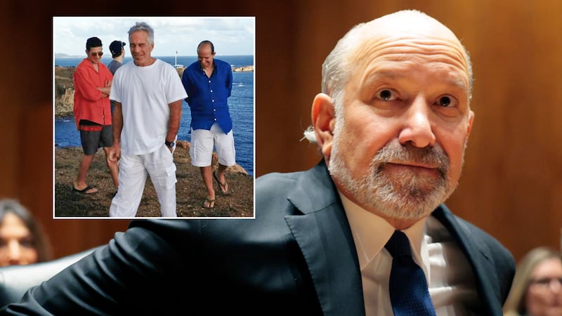 Commerce Secretary Howard Lutnick and a photo seemingly showing Lutnick (blue top) with Jeffrey Epstein.