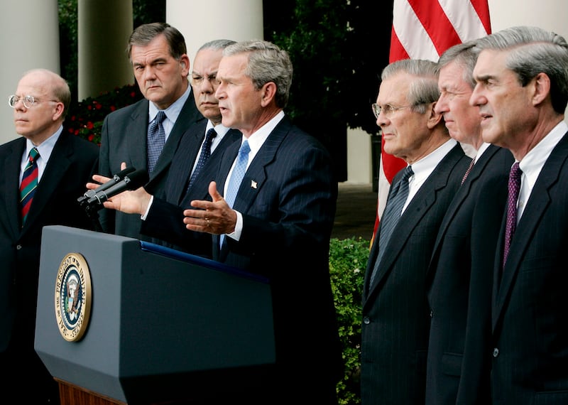 US President George W Bush announces his support for the Sept. 11th commission's recommendation to create a national intelligence director.
