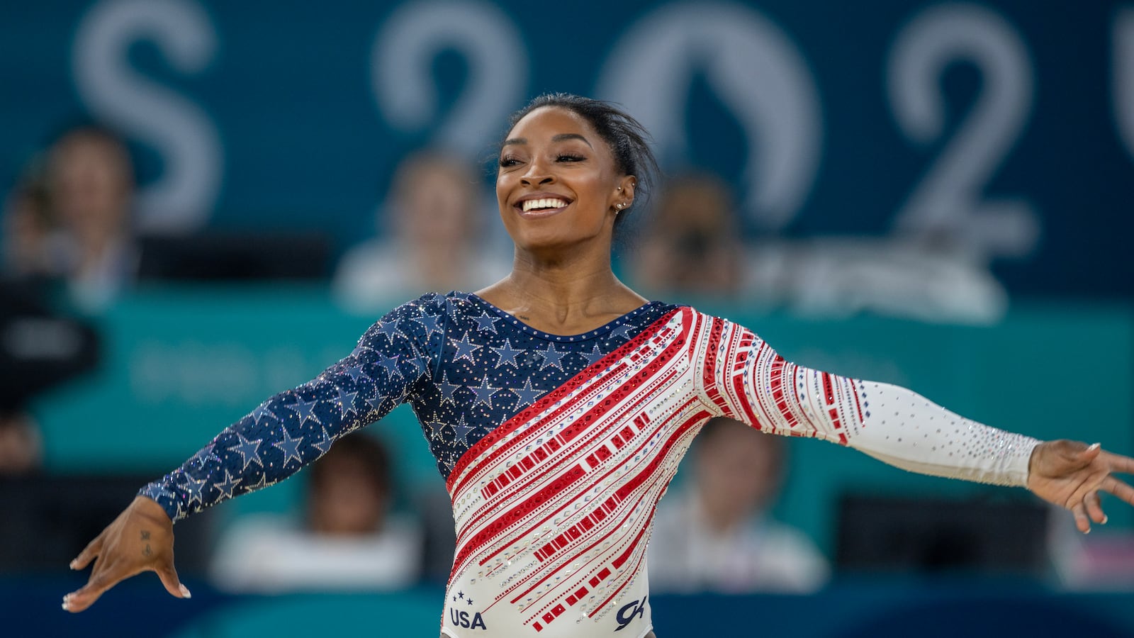 Simone Biles performs her floor routine at the Paris 2024 Summer Olympic Games, where she competed for Team USA.