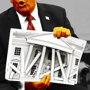 Photo illo illustration of Donald Trump holding a photo of a crumbling White House
