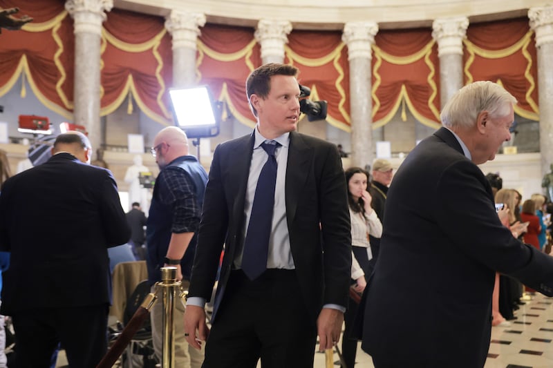 David Ellison, the chairman and chief executive officer of Paramount Skydance Corp. walks with Sen. Lindsey Graham at the State of the Union.