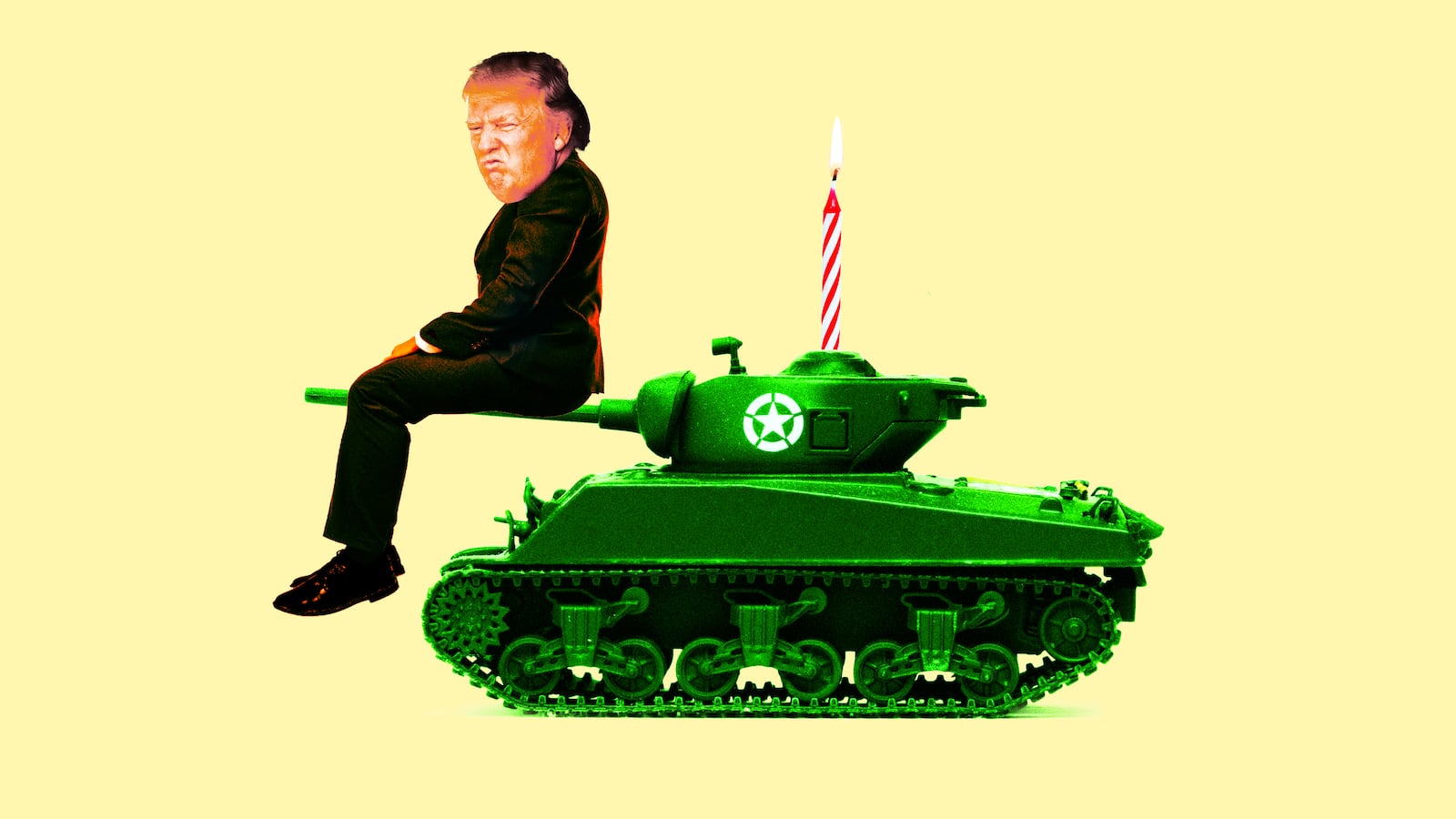 A photo illustration of President Donald Trump riding a green tank with a birthday candle in it.