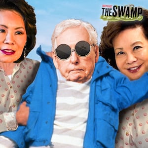 A photo illustration of Elaine Chao and Mitch McConnell as Weekend At Bernie's for The Swamp.