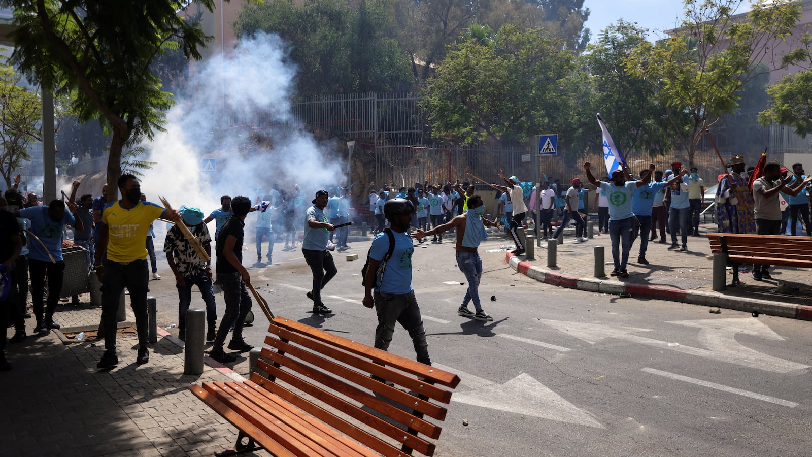 Protesters attend violent demonstrations by Eritrean asylum seekers, including both supporters and opponents of the Eritrean government, in Tel Aviv, Israel, September 2, 2023.