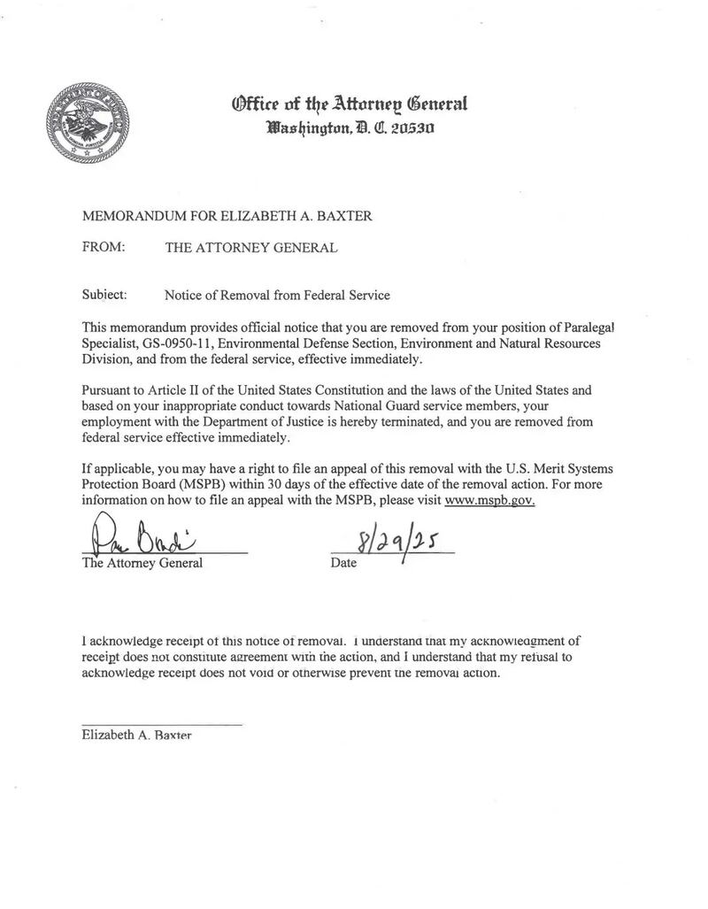 The memorandum sent by Attorney General Pam Bondi to Elizabeth Baxter.