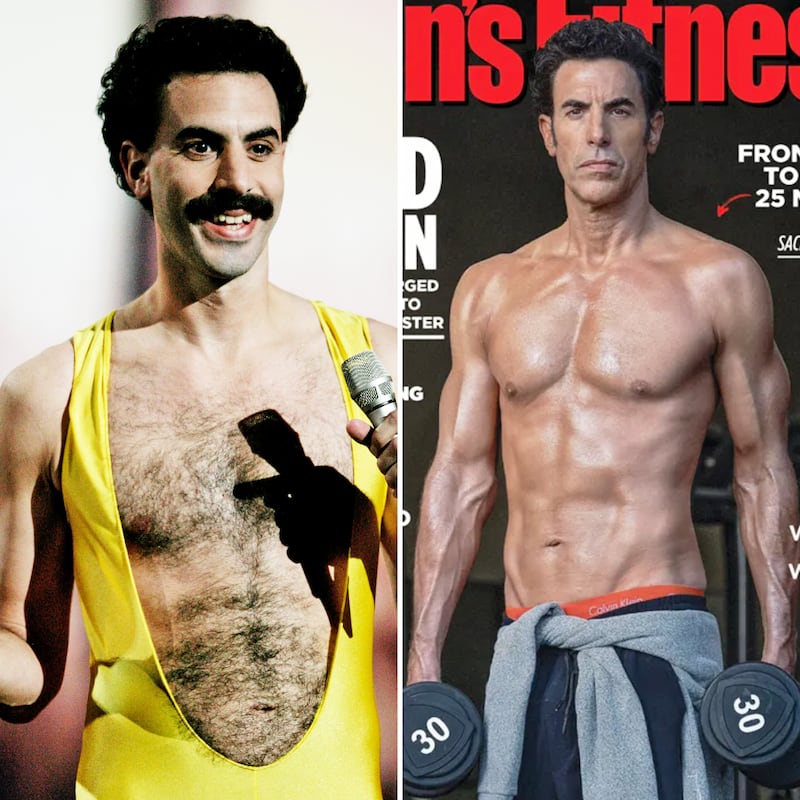 A photo composite of Sacha Baron Cohen as Borat, and the 2025 cover of Men's Fitness UK showing Sacha Baron Cohen's fitness transformation.