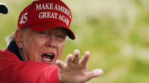 Former US president Donald Trump on the 4th hole at Trump International Golf Links & Hotel in Doonbeg, Co. Clare, during his visit to Ireland. Picture date: Thursday May 4, 2023. (Photo by Brian Lawless/PA Images via Getty Images)