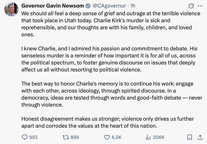 Gavin Newsom posts a tribute to Charlie Kirk on X.