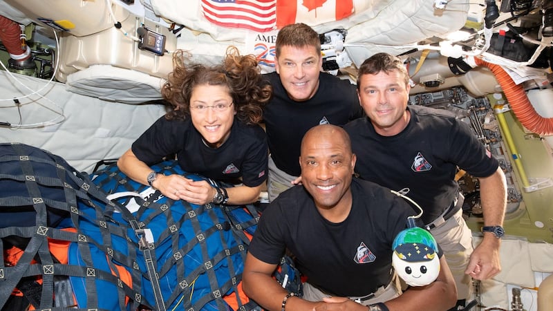 The Artemis II crew: Christina Koch, Jeremy Hansen, Reid Wiseman, and Victor Glover, pictured on April 7.