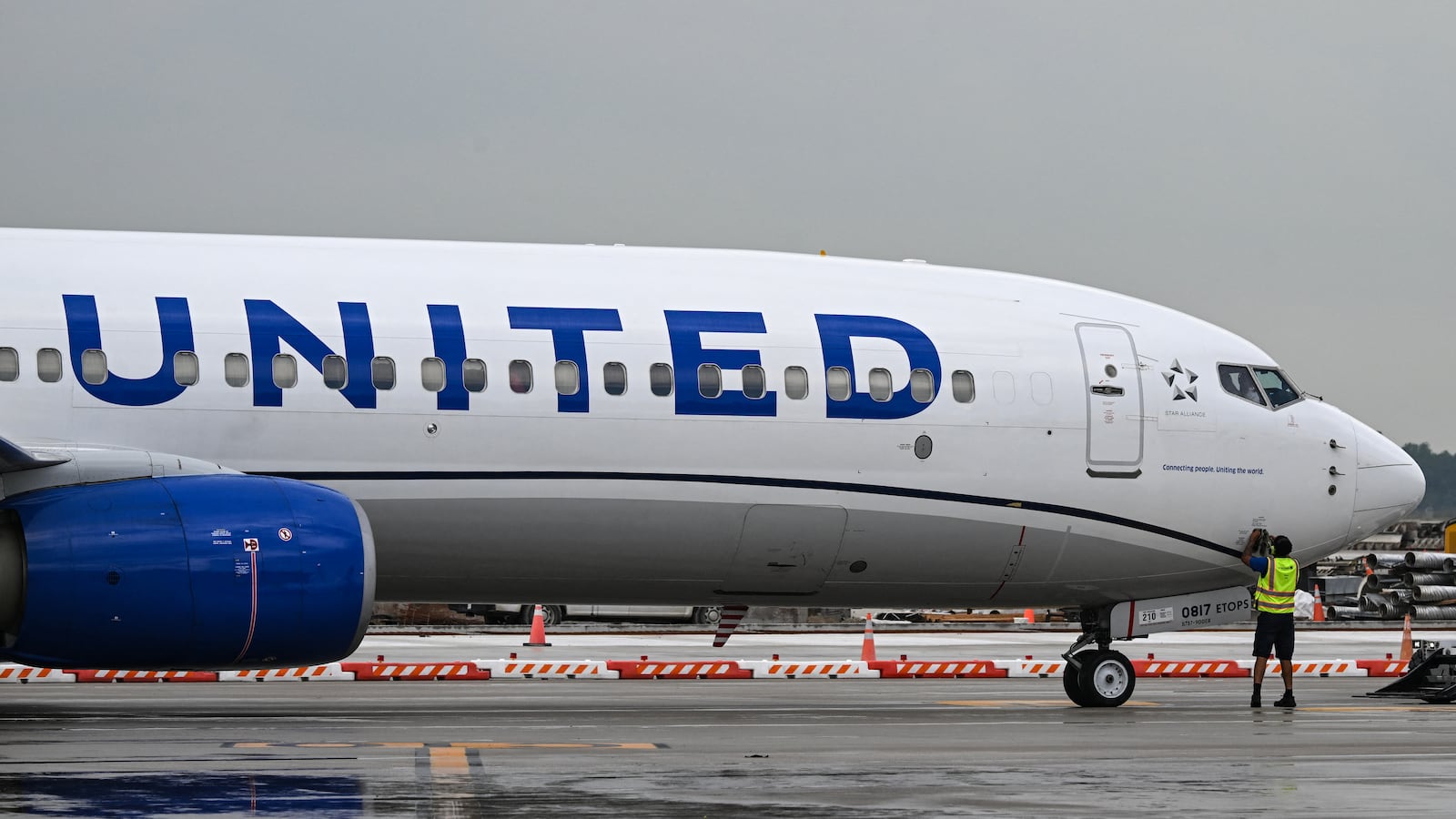 An United Airlines plane is seen at George Bush Intercontinental Airport on July 25, 2025, in Houston, Texas.