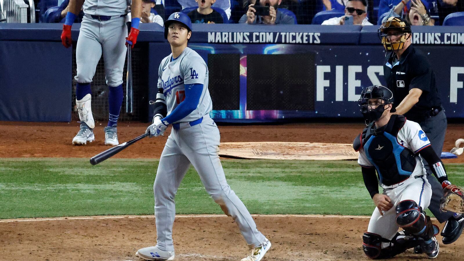 Los Angeles Dodgers designated hitter Shohei Ohtani (17) hit his 50th home run of the season against the Miami Marlins during the seventh inning at loanDepot Park.