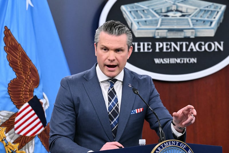 Secretary of Defense Pete Hegseth speaks during a news conference at the Pentagon in Washington, DC, on March 19, 2026.