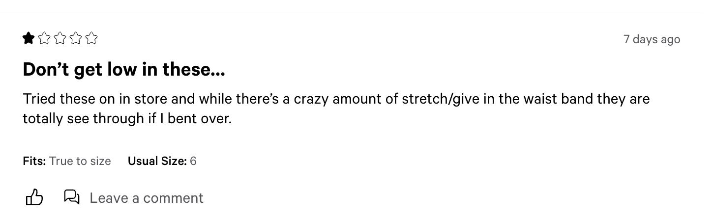 Another unhappy customer's review of the "Get Low" leggings.