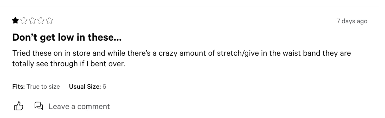 Another unhappy customer's review of the "Get Low" leggings.