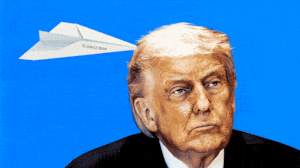 illo illustration of Trump being hit by a paper plane