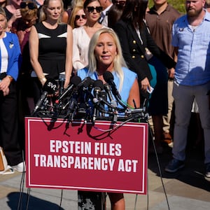 WASHINGTON, DC - SEPTEMBER 03: Rep. Marjorie Taylor Greene (R-GA) speaks at a news conference with alleged victims of disgraced financier and sex trafficker Jeffrey Epstein outside the U.S. Capitol on September 03, 2025 in Washington, DC. Rep. Thomas Massie (R-KY) and Rep. Ro Khanna (D-CA) have introduced the Epstein List Transparency Act to force the federal government to release all unclassified records from the cases of Epstein and his associate, Ghislaine Maxwell. (Photo by Andrew Harnik/Getty Images)
