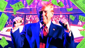 A photo illo illustration of Donald Trump, a mockup of the UFC fight at the White House, and flying money.