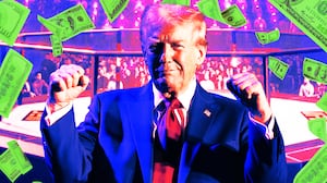 A photo illo illustration of Donald Trump, a mockup of the UFC fight at the White House, and flying money.