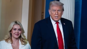 UNITED STATES - JANUARY 20: President Donald Trump arrives to speak to the media in the White House briefing room about the administration's accomplishments on the anniversary of his first year of his second term in office, on Tuesday, January 20, 2026. Karoline Leavitt, White House press secretary, appears at left.