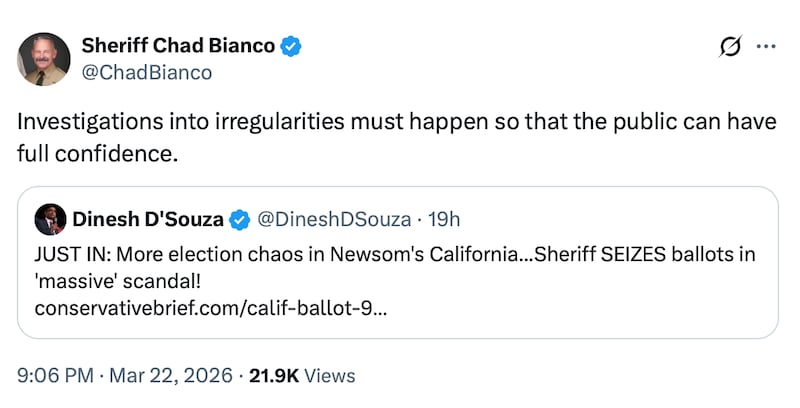 Bianco's response to criticism. Sheriff Chad Bianco/X.