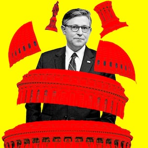 A photo illustration of House Speaker Mike Johnson and the Capitol Dome in pieces.