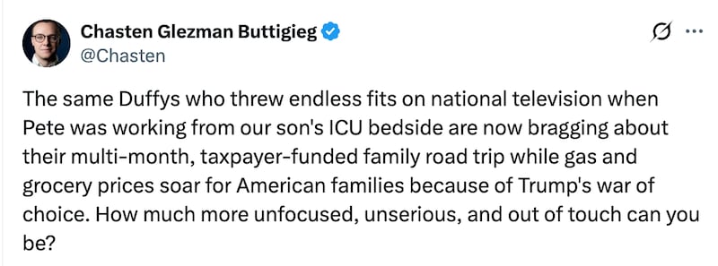 X user criticizes Sean Duffy's reality show.