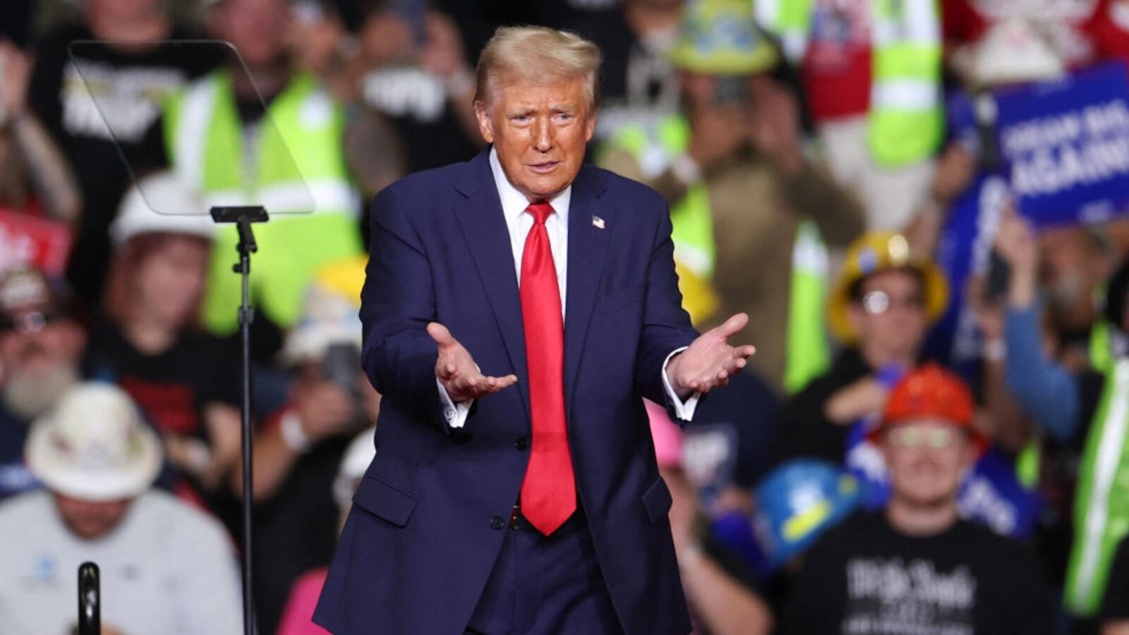 Donald Trump gestures after speaking at a campaign rally in Pittsburgh.